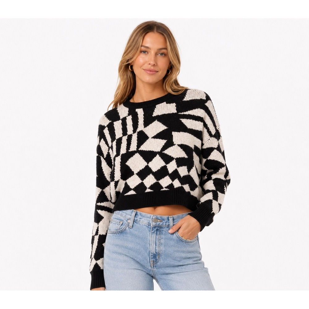 Debut Black White Geometric Abstract Knit Cropped Pullover Sweater Medium